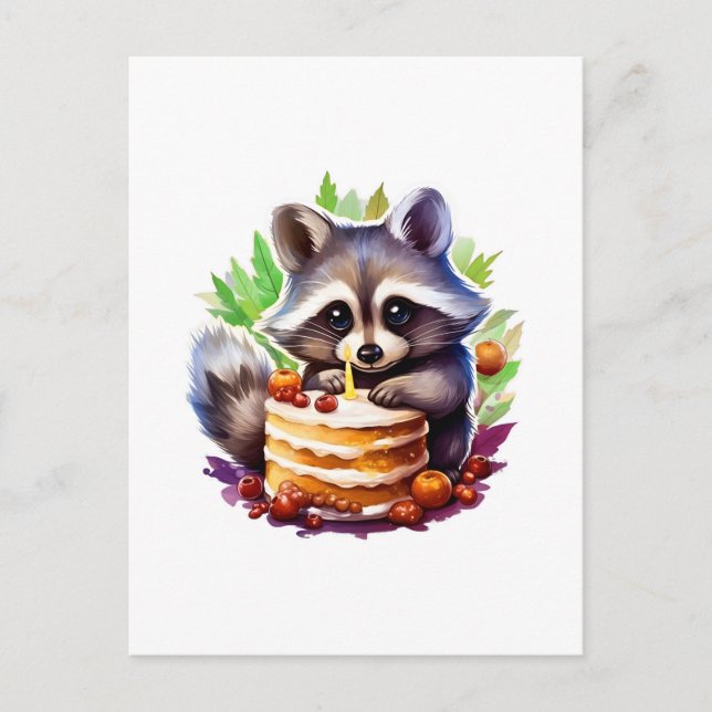 Summer Spring racoon with a 1th birthday cake Postcard (Front)