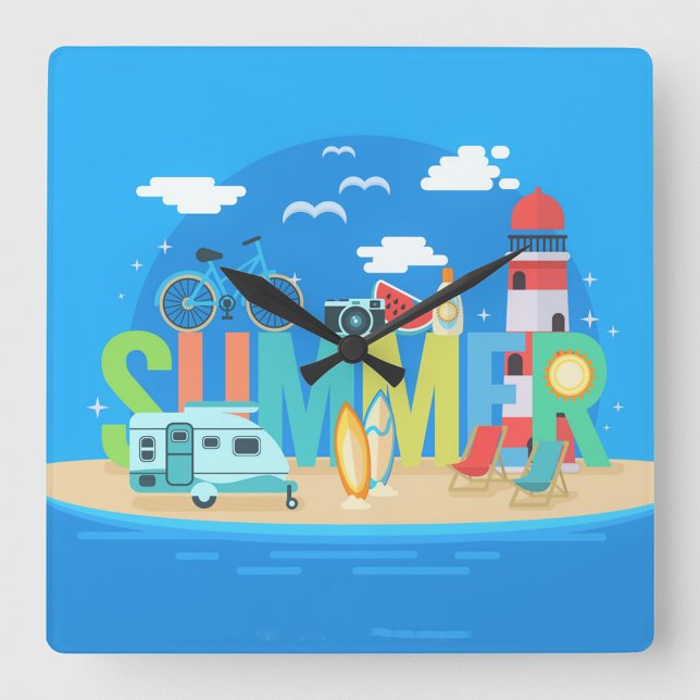 Summer Square Wall Clock (The scene includes a sandy beach!)