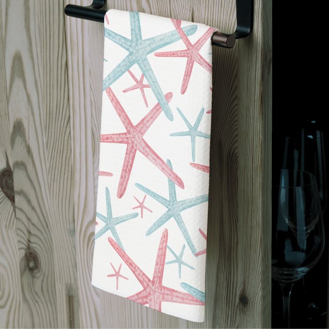 Summer Starfish Elegant Beach Tea Towel (Summer Teal Pink Nautical Starfish Beach House Kitchen Towel)