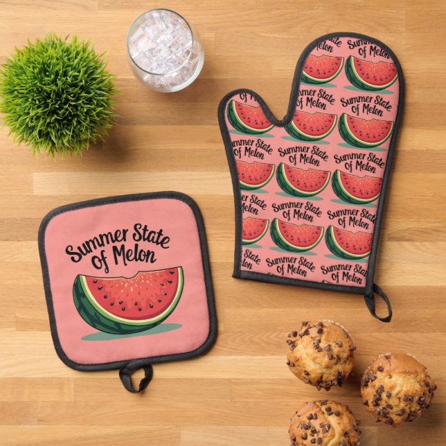 Summer State of Melon Retro Fruit Art Oven Mitt & Pot Holder Set (Top Down)