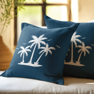 Summer steel Blue White Palms design Cushion