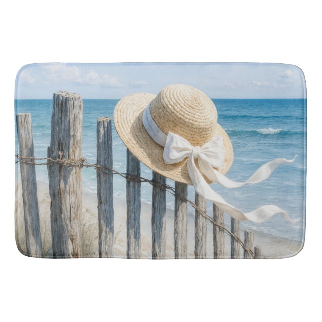 Summer Straw Hat On Beach Fence Bath Mat (Front)