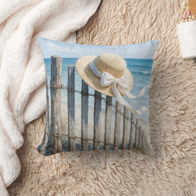 Summer Straw Hat On Beach Fence Cushion (Blanket)