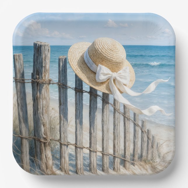 Summer Straw Hat On Beach Fence Paper Plate (Front)