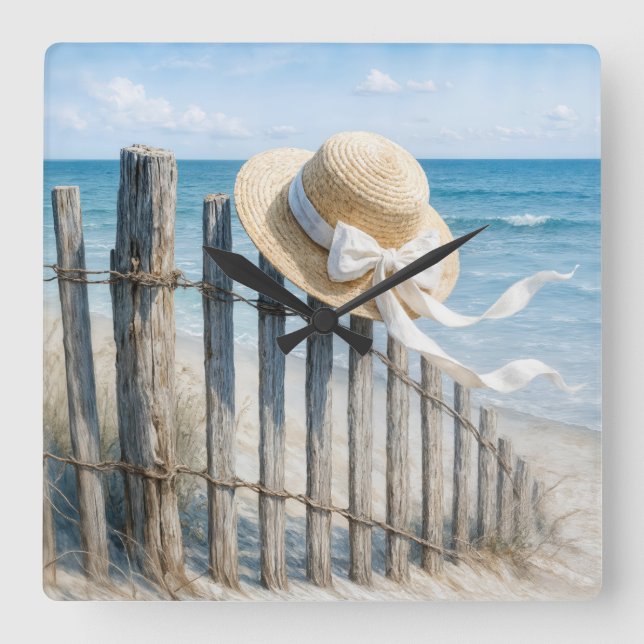 Summer Straw Hat On Beach Fence Square Wall Clock (Front)