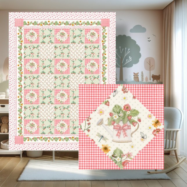 Summer Strawberries Gingham Floral Baby Girl Fleece Blanket (Creator Uploaded)