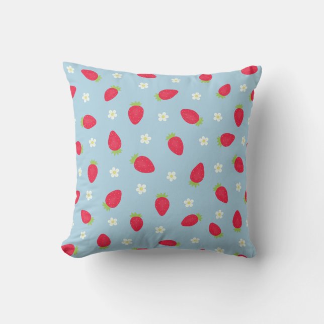 Summer Strawberries (large scale) Blue Cushion (Front)