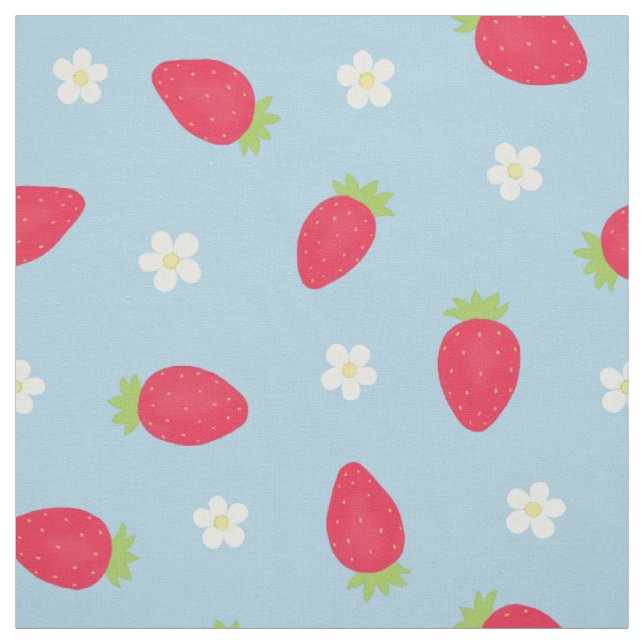 Summer Strawberries on Blue (large scale) Fabric (Swatch)