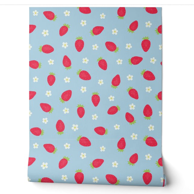 Summer Strawberries on Blue (large scale) Wallpaper (Unrolling)