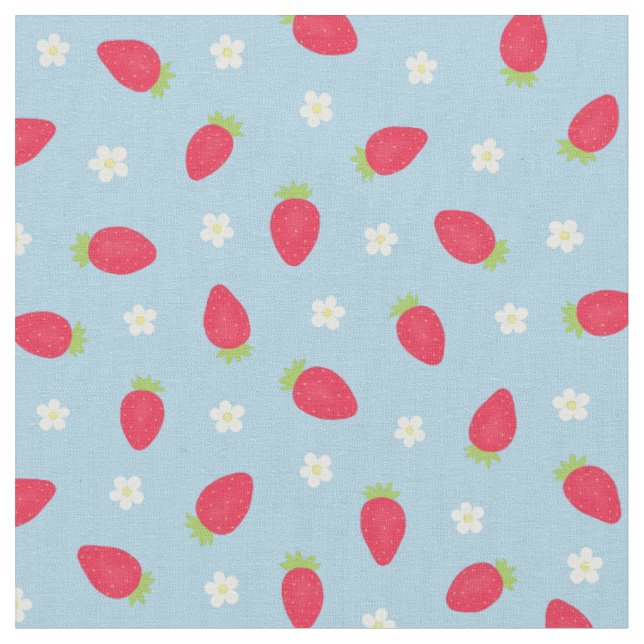 Summer Strawberries on Blue (small scale) Fabric (Close Up)