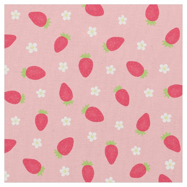 Summer Strawberries on Pink (small scale) Fabric (Close Up)