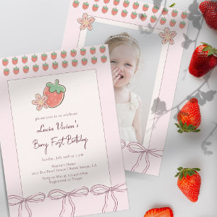 Summer, Strawberries, Ribbon Photo 1st Birthday Invitation