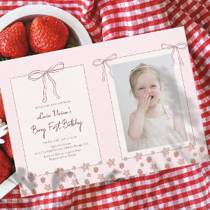 Summer, Strawberries, Ribbon Photo 1st Birthday Invitation