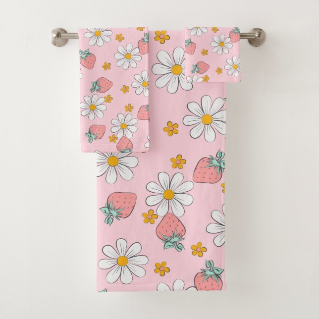 Summer Strawberry Daisy Pattern  Bath Towel Set (Insitu)