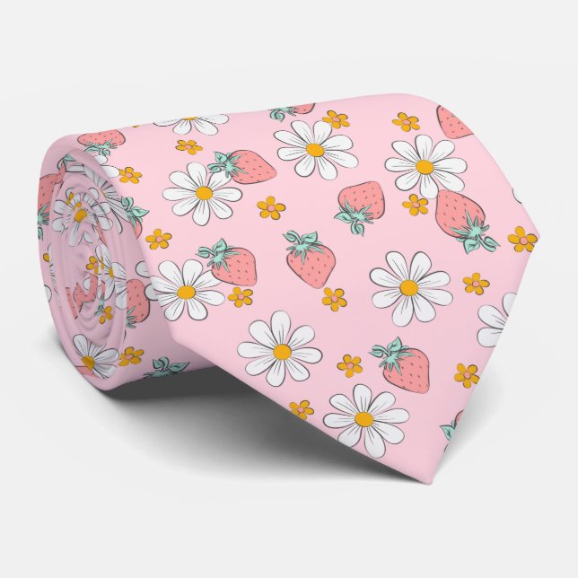 Summer Strawberry Daisy Pattern  Tie (Rolled)