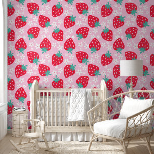 Summer Strawberry floral Red Kid Nursery Bedroom Wallpaper