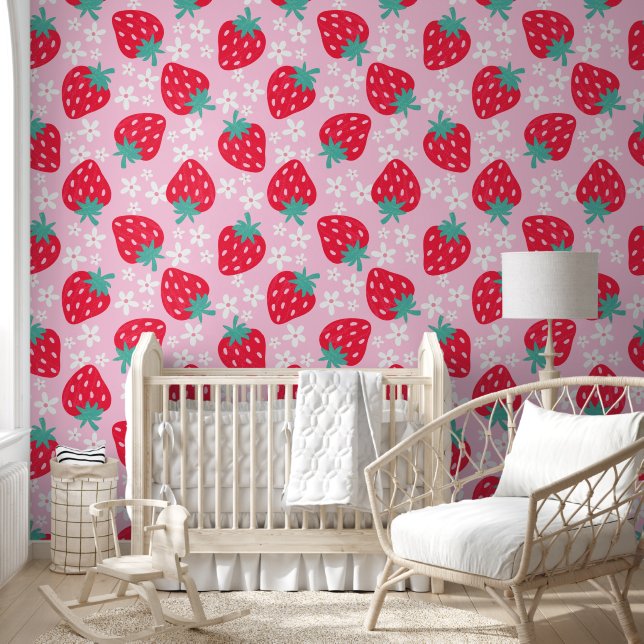 Summer Strawberry floral Red Kid Nursery Bedroom  Wallpaper (Kids)