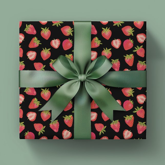 Summer Strawberry Pattern Wrapping Paper (Strawberry pattern wrapping paper on black background.)