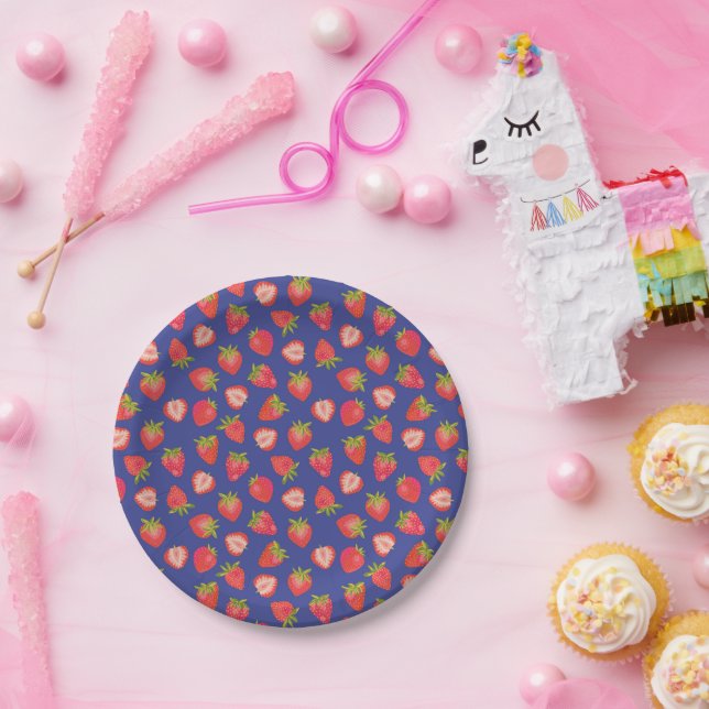 Summer Strawberry Red Blue Pattern Paper Plate (Party)