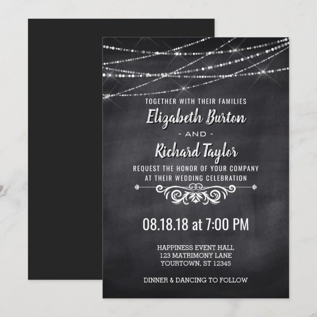 Summer String Lights Chalkboard Wedding Invitation (Front/Back)