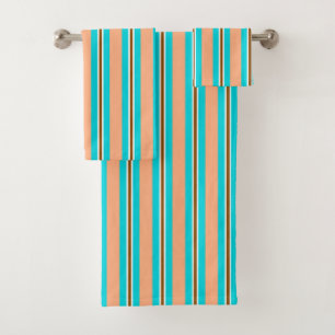 Summer Stripes, Aqua, Coral Orange and Brown   Bath Towel Set