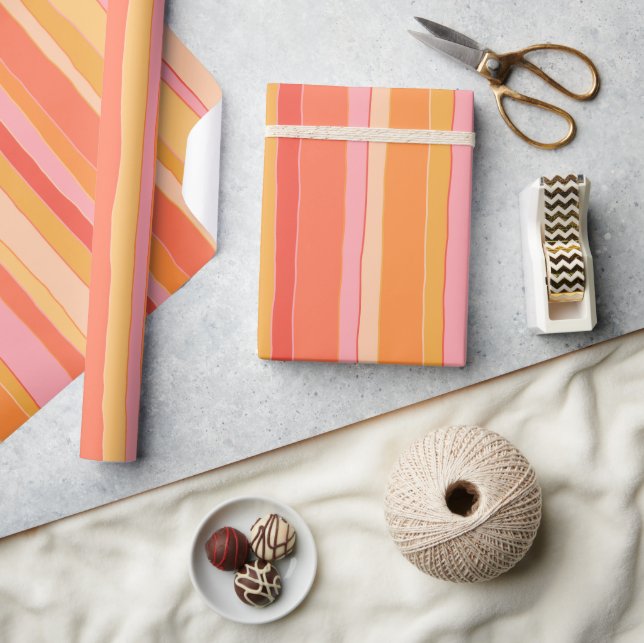 Summer Stripes Pattern Coral Orange Pink Yellow Wrapping Paper (Crafts)