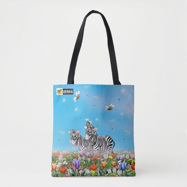 Summer Stroll Cute Zebras Flower Glad Watercolor Tote Bag (Front)