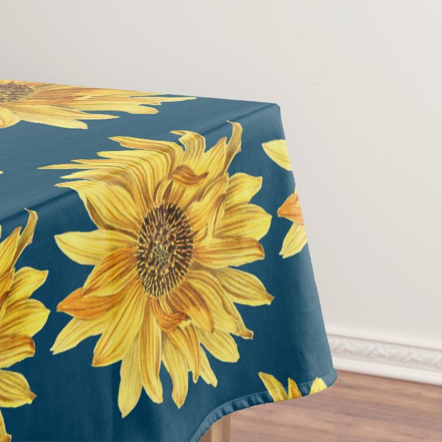 Summer Style Navy Blue with Sunflower Print Tablecloth (In Situ)