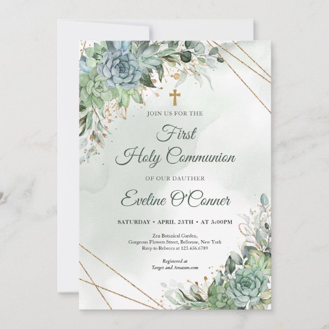 Summer succulents eucalyptus greenery gold Baptism Invitation (Front)