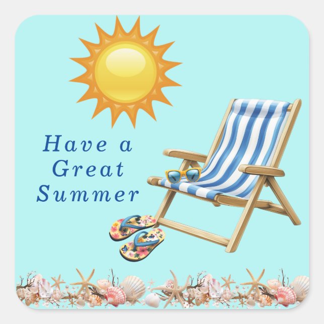 Summer Sun Beach Chair Sunglasses Flip FLops Square Sticker (Front)