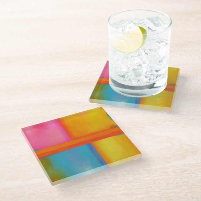 SUMMER, SUN & SEA - Pink Yellow Blue Abstract Art Glass Coaster (Angled)