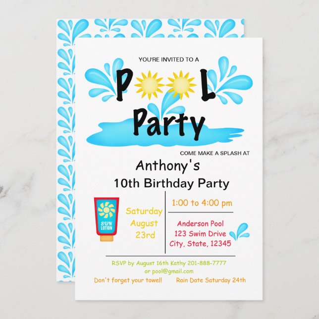 Summer Sun Splash Pool Party Birthday Invitation (Front/Back)