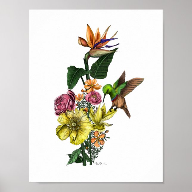 Summer Sunbird in Colourful Floral Bouquet Wall Ar Poster (Front)