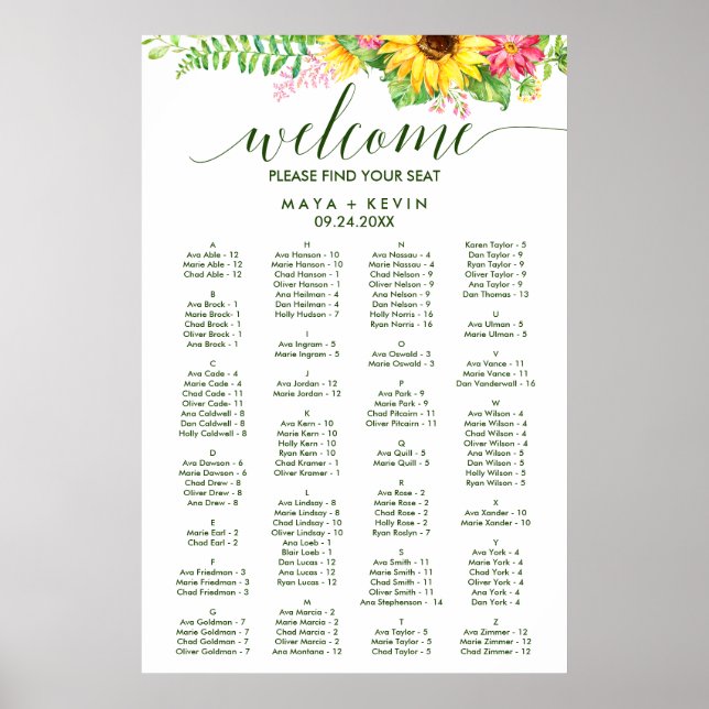 Summer Sunflower Alphabetical Seating Chart (Front)