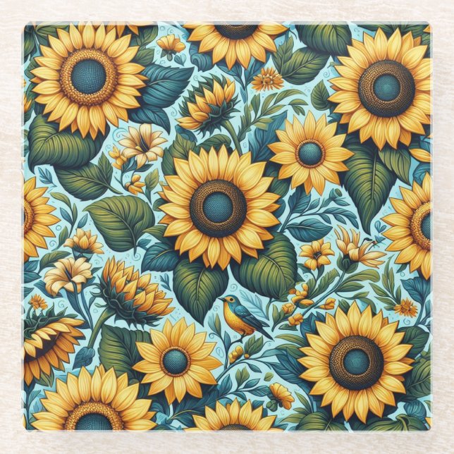 Summer/sunflower/bird Glass Coaster (Front)