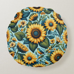 Summer/sunflower/bird Round Cushion