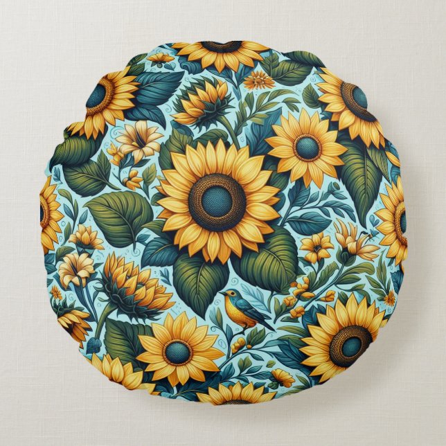Summer/sunflower/bird Round Cushion (Front)