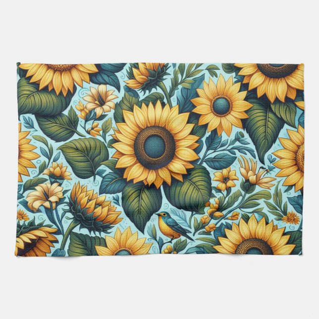 Summer/sunflower/bird Tea Towel (Horizontal)