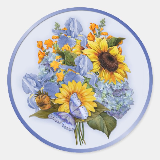 Summer Sunflower Bouquet Classic Round Sticker (Front)