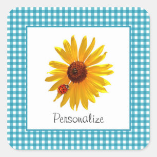 Summer Sunflower Gingham WIth Name Square Sticker