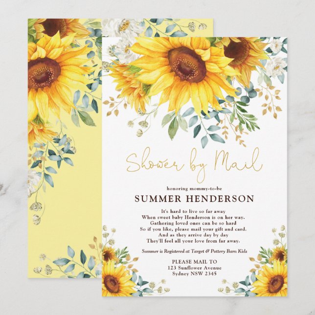 Summer Sunflower Greenery Baby Shower By Mail Invitation (Front/Back)