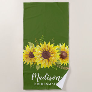 Summer Sunflower Watercolor Green Bridesmaid Favou Beach Towel