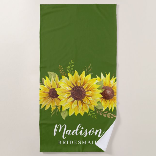 Summer Sunflower Watercolor Green Bridesmaid Favou Beach Towel (Front)