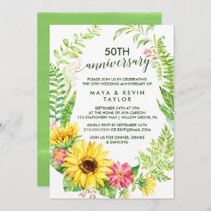 Summer Sunflower Wreath 50th Wedding Anniversary Invitation