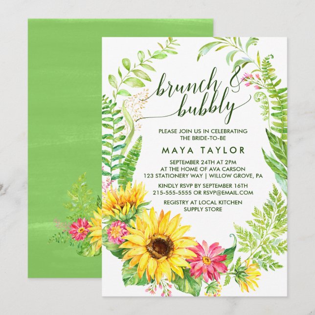 Summer Sunflower Wreath Brunch and Bubbly Invitation (Front/Back)