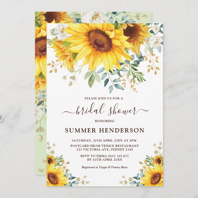 Summer Sunflowers Bridal Shower Yellow Floral Invitation (Front/Back)