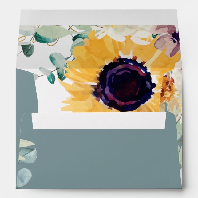 Summer Sunflowers Eucalyptus Greenery Wedding Envelope (Back (Bottom))