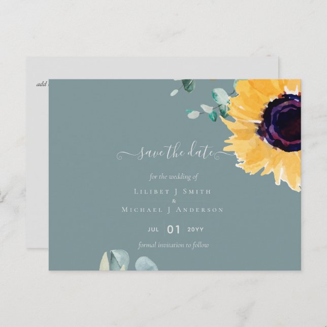 Summer Sunflowers Eucalyptus Greenery Wedding Postcard (Front/Back)