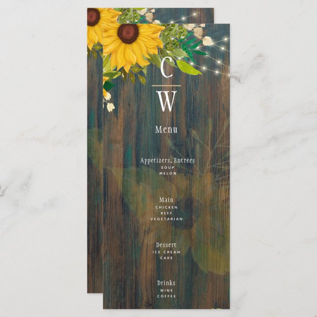 Summer Sunflowers Rustic Wood Wedding Menu (Front/Back)