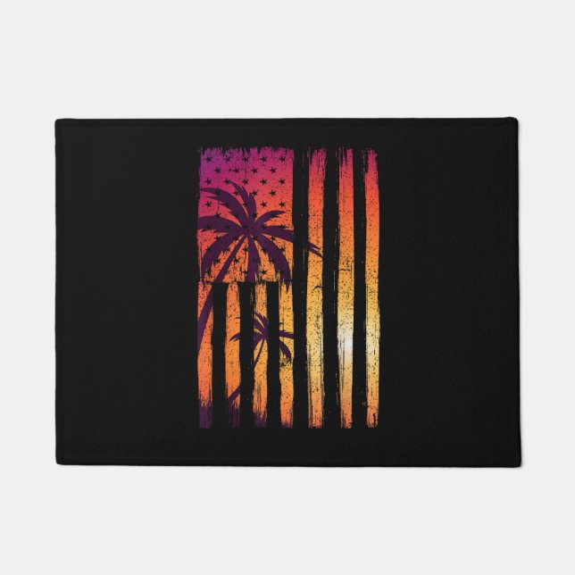 Summer Sunset Palm Trees American Flag Cool Spring Doormat (Front)